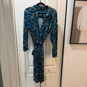 INC International Concepts Teal and Gold Chain Print Dress
